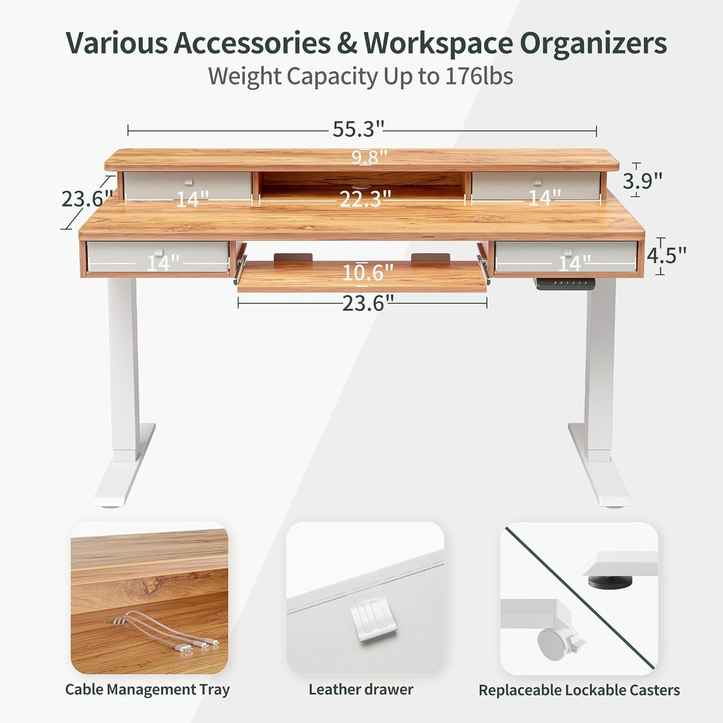 Height Adjustable Electric Standing Desk with 4 Drawers and Keyboard Tray with Storage Shelf, Sit-Stand Desk with Joining Board