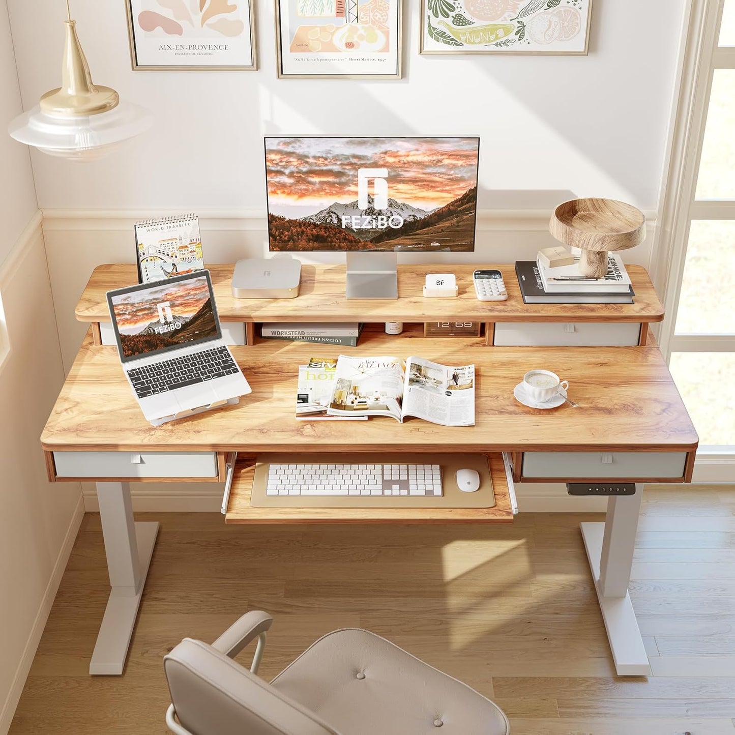Height Adjustable Electric Standing Desk with 4 Drawers and Keyboard Tray with Storage Shelf, Sit-Stand Desk with Joining Board