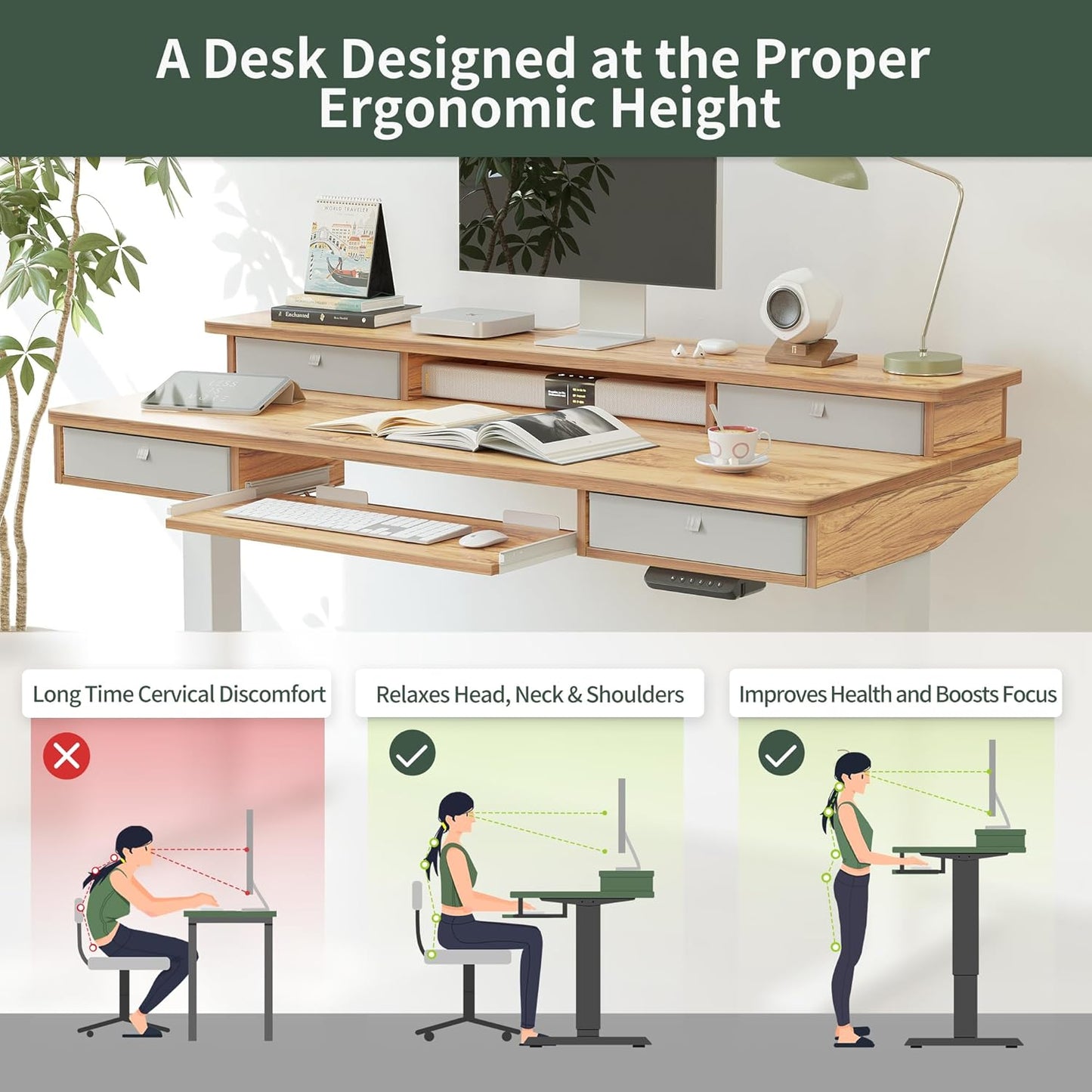 Height Adjustable Electric Standing Desk with 4 Drawers and Keyboard Tray with Storage Shelf, Sit-Stand Desk with Joining Board