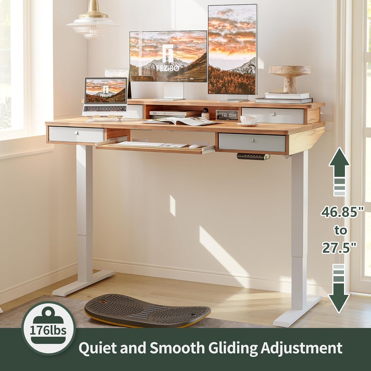 Height Adjustable Electric Standing Desk with 4 Drawers and Keyboard Tray with Storage Shelf, Sit-Stand Desk with Joining Board