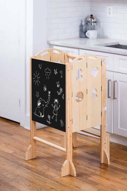 3-in-1 Foldable Kitchen Tower, Step Stool & Chalkboard for Toddlers