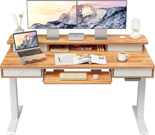 Height Adjustable Electric Standing Desk with 4 Drawers and Keyboard Tray with Storage Shelf, Sit-Stand Desk with Joining Board