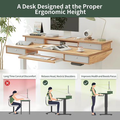 Height Adjustable Electric Standing Desk with 4 Drawers and Keyboard Tray with Storage Shelf, Sit-Stand Desk with Joining Board